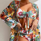 Women's Three Piece Bikini Set With Floral Pattern