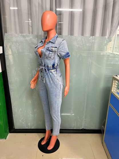 Women's Elegant Blue Denim Stretch Jumpsuit