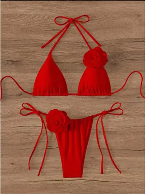 Women's Strappy Halter 3D Flowers Bikini Set