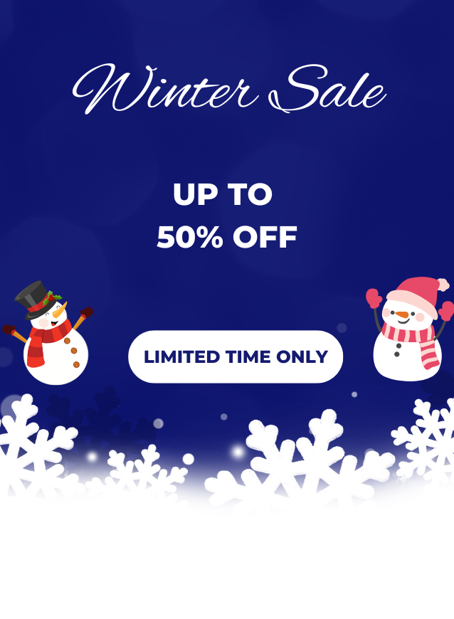 Winter sale advertisement with snowmen and snowflakes on a blue background