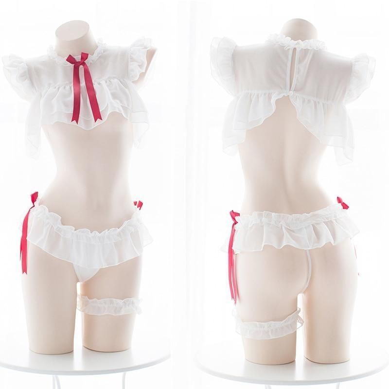 House Of Dasein Chiffon Student Lace Naughty Sexy Costume Lingerie Set - Red