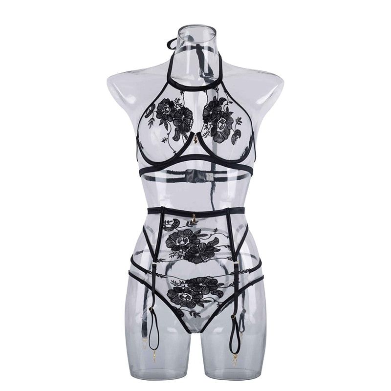 House Of Dasein 3 Piece Sexy Black Floral Transparent Halter Bra Panties Lingerie Set Women - Xl