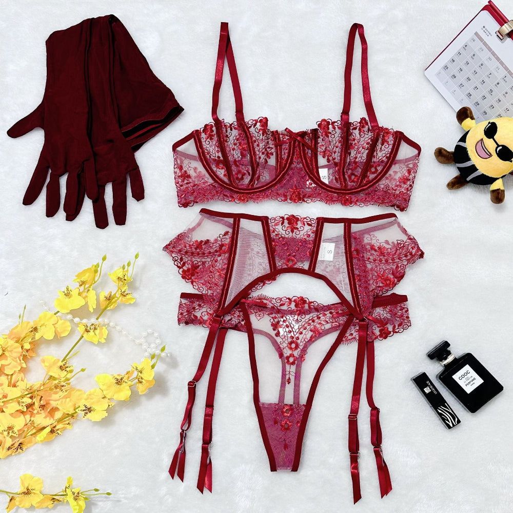House Of Dasein Floral Embroidery Mesh Lingerie Set Wine Red XL Women's Lingerie House of Dasein Main image