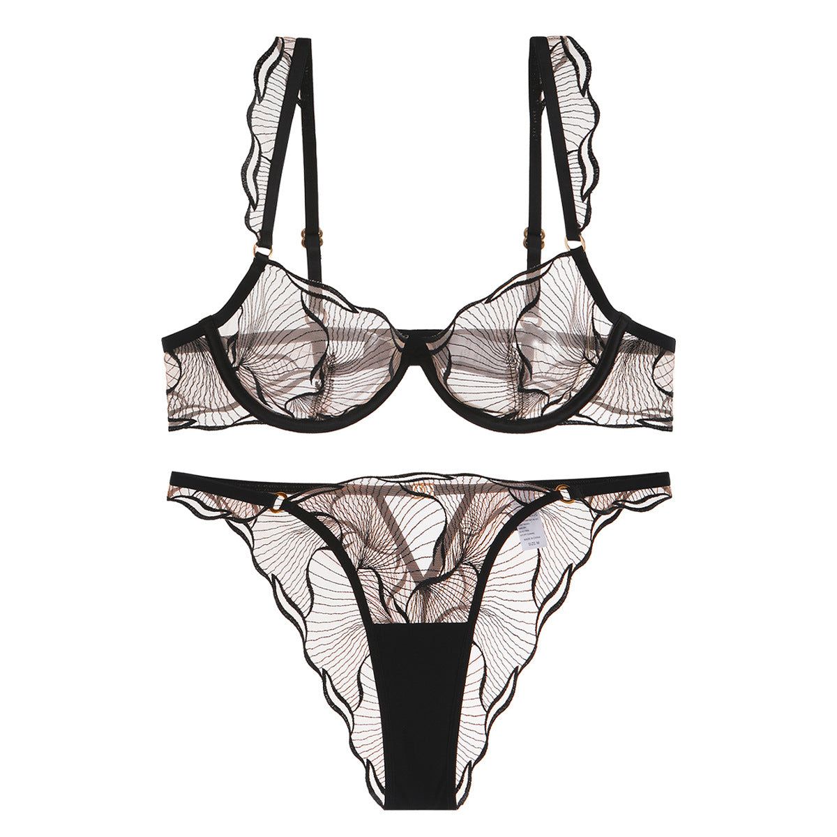 Style Lingerie Sexy Ultra Thin Pure Desire Embroidered Lace Bra Set For Large Breasts And Plus Size - Black + Briefs - S