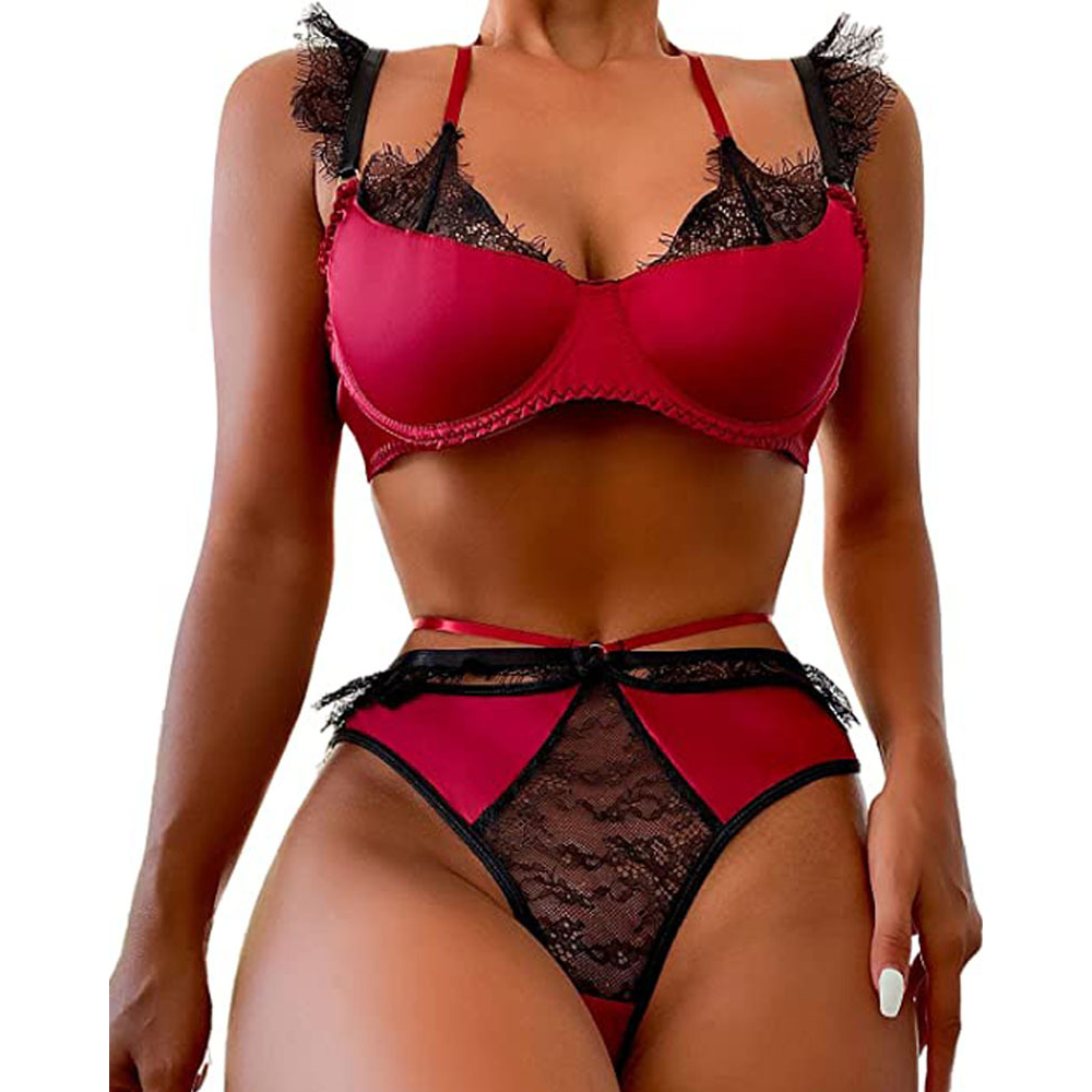Lace Bra Set Eyelash Red XL Women's Lingerie unbranded Main image