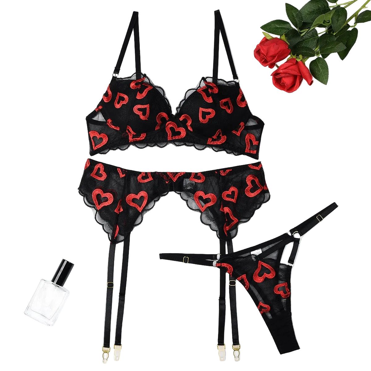 House Of Dasein Red Lips Lingerie Set Heart Embroidery L Women's Lingerie House of Dasein Main image