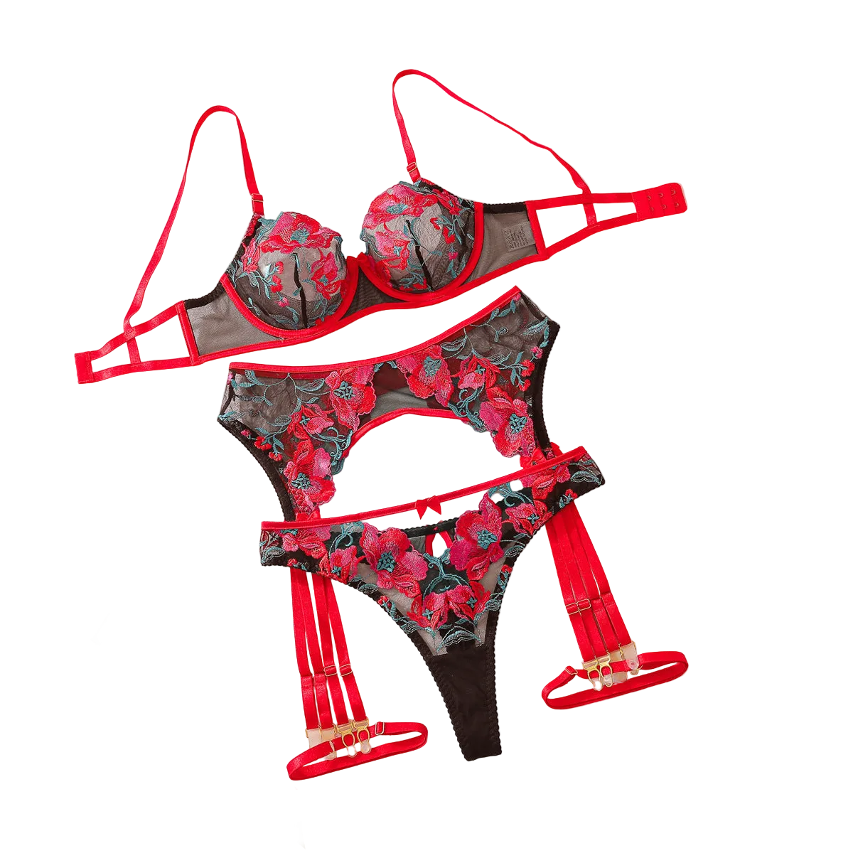 House Of Dasein Mesh Embroidered Lingerie Set Black / Red M Women's Lingerie House of Dasein Main image