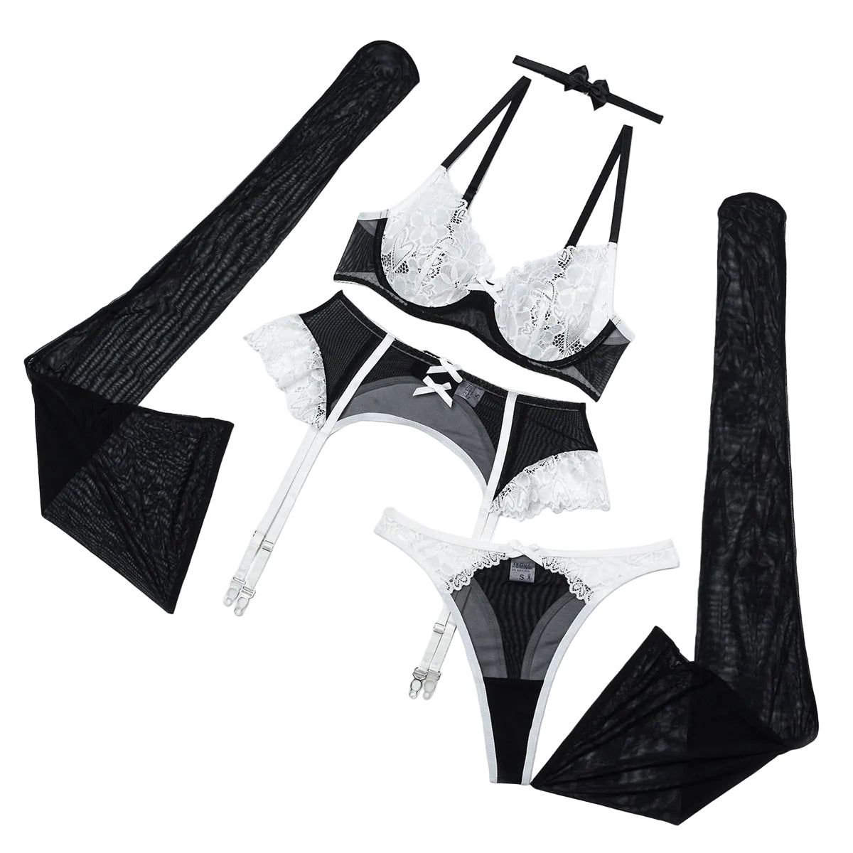 House Of Dasein Lace Bra Patchwork Contrasting Lingerie Maid Outfit With Steel Rim - Black And White - M