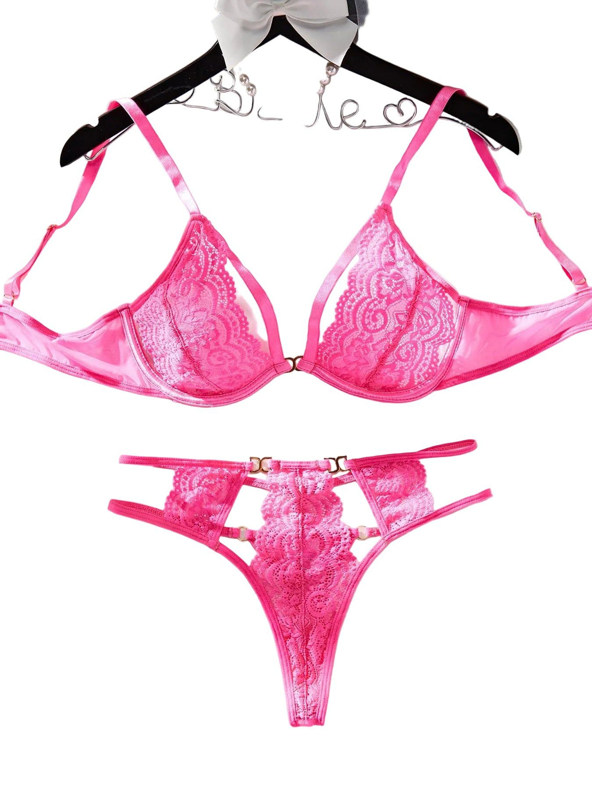 House Of Dasein Lace Splicing Hollow Perspective Design Sexy Lingerie Two Piece Set - Rose Red - L
