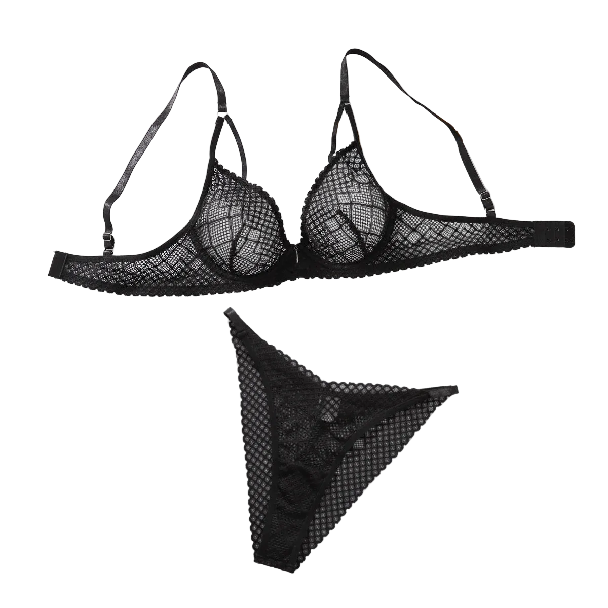House Of Dasein Low Cut Gathered Bra Set Sexy Mesh Hollow Out Lingerie Two Piece For Women - Black - S