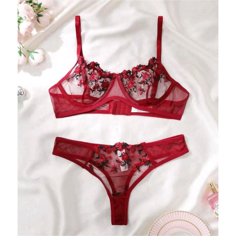 House Of Dasein Floral Mesh Lingerie Set Wine Red M Women's Lingerie House of Dasein
