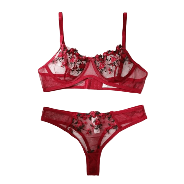 House Of Dasein Floral Mesh Lingerie Set Wine Red M Women's Lingerie House of Dasein