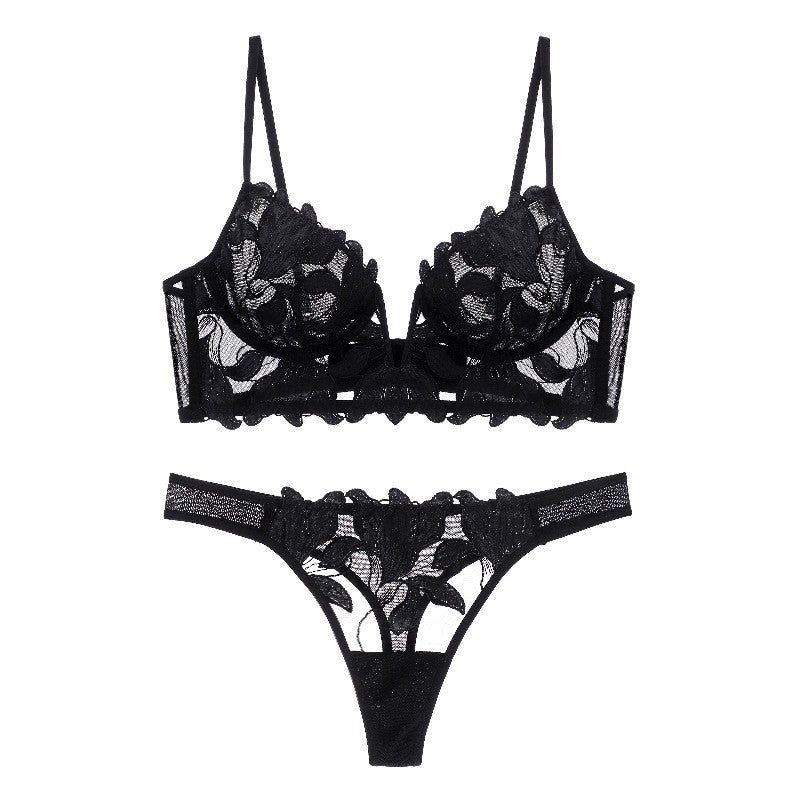 House Of Dasein Ultra-Thin Deep V Embroidered Lace Bra Set Sexy Lingerie - Black - M