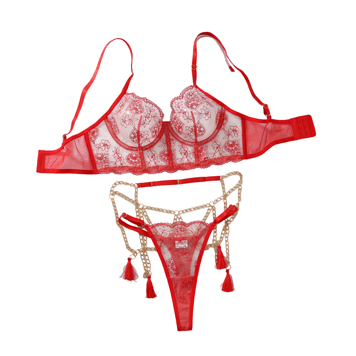 House Of Dasein Flower Embroidery Four Piece Lingerie Set Red M Women's Lingerie House of Dasein Main image