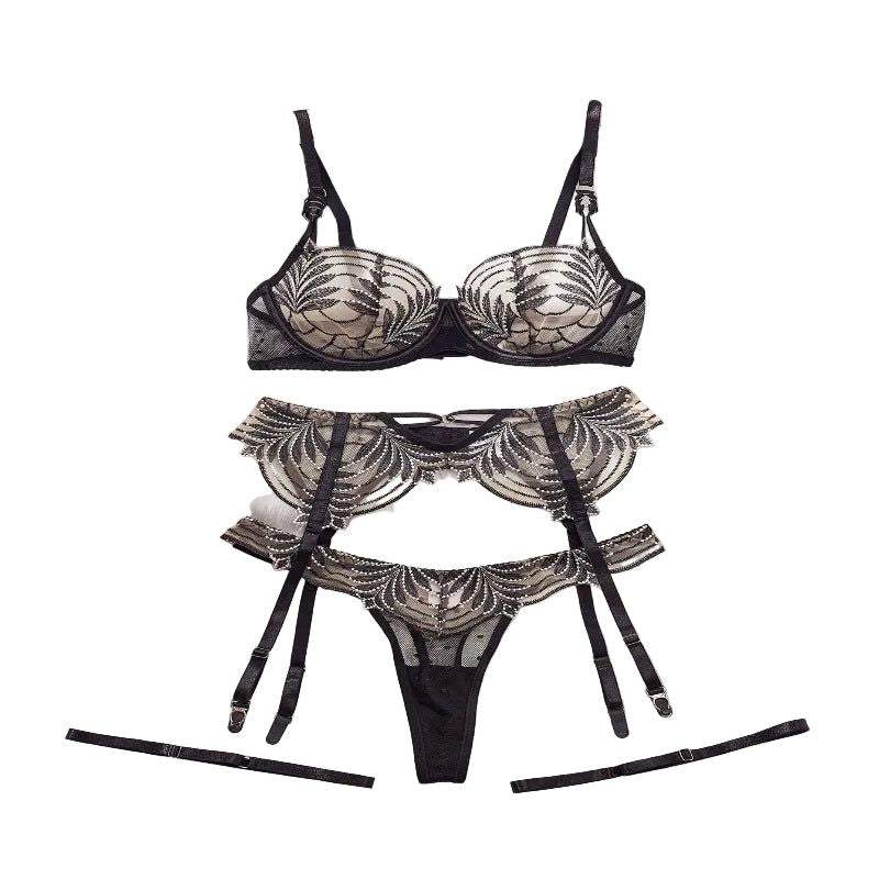 Embroidered Lace Mesh Lingerie Set Black Nude M Women's Lingerie unbranded Main image