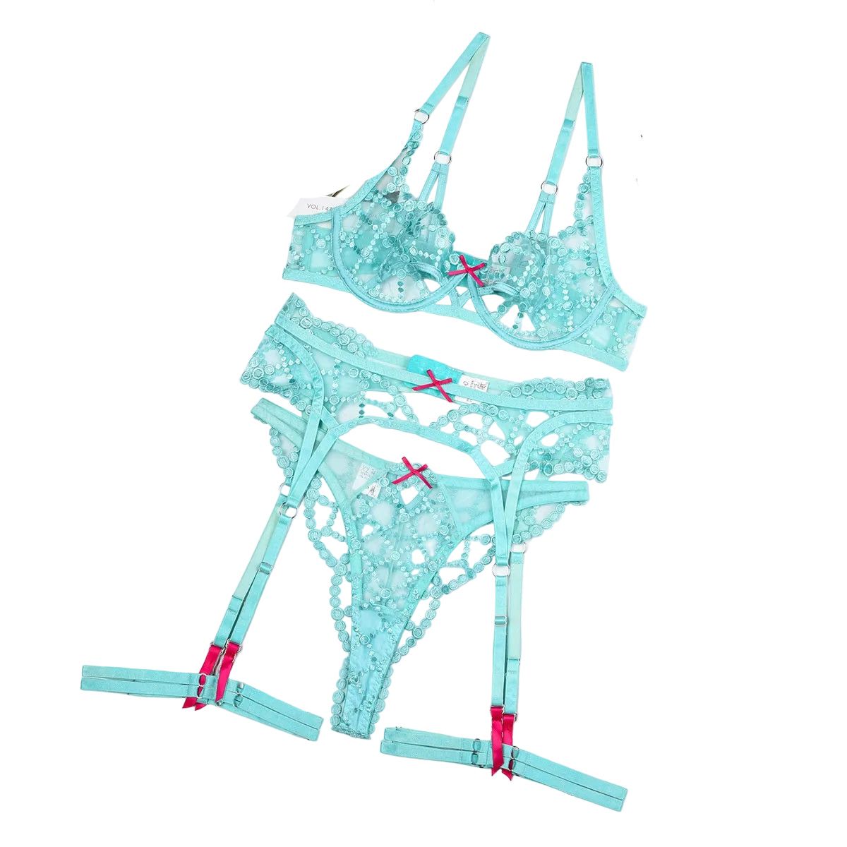 House Of Dasein Embroidered Mesh Four Piece Lingerie Set Green L Women's Lingerie House of Dasein Main image