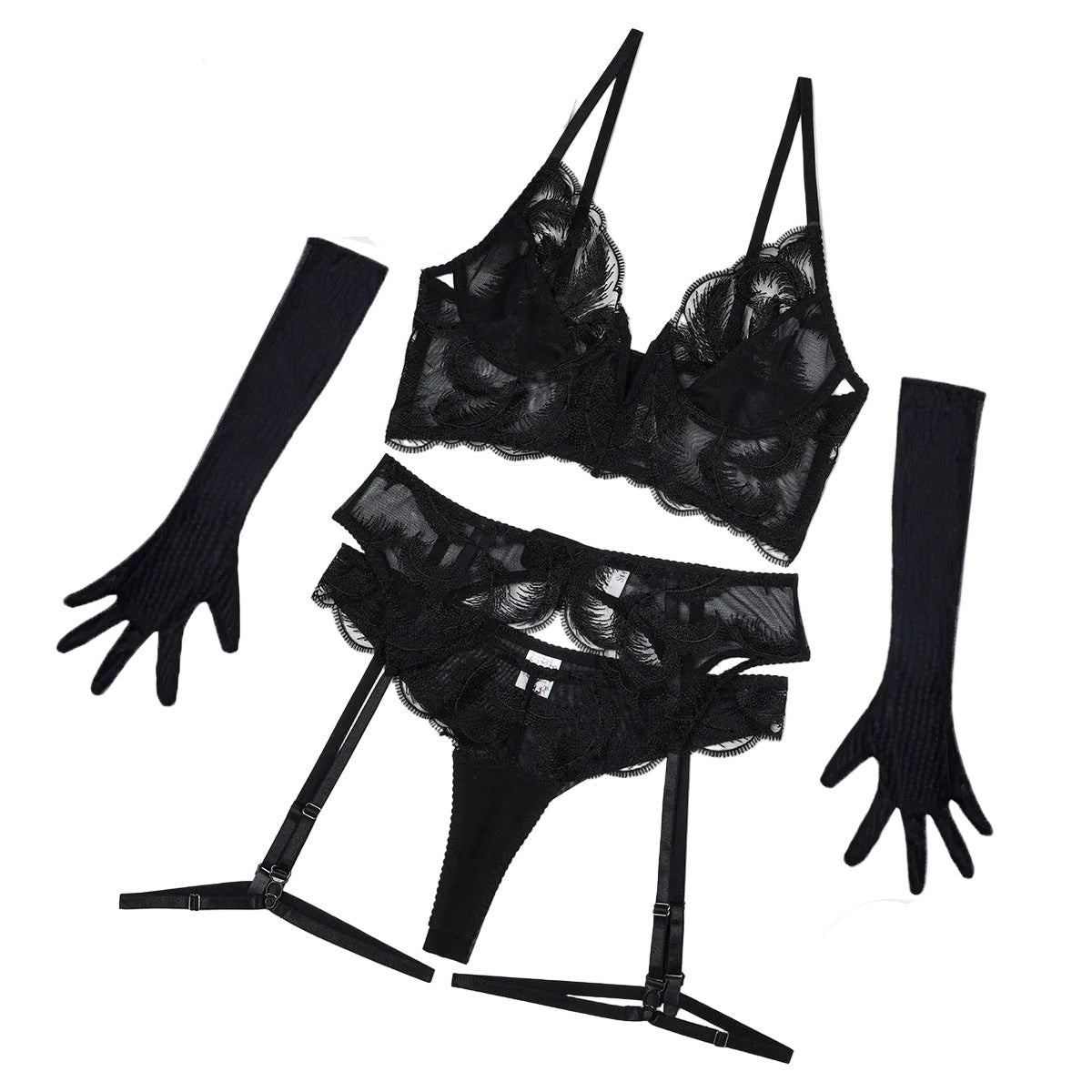 House Of Dasein Deep V Belt Steel Ring Gathering Side Folding Embroidery See Through Underwear Five Piece Set - Black - L