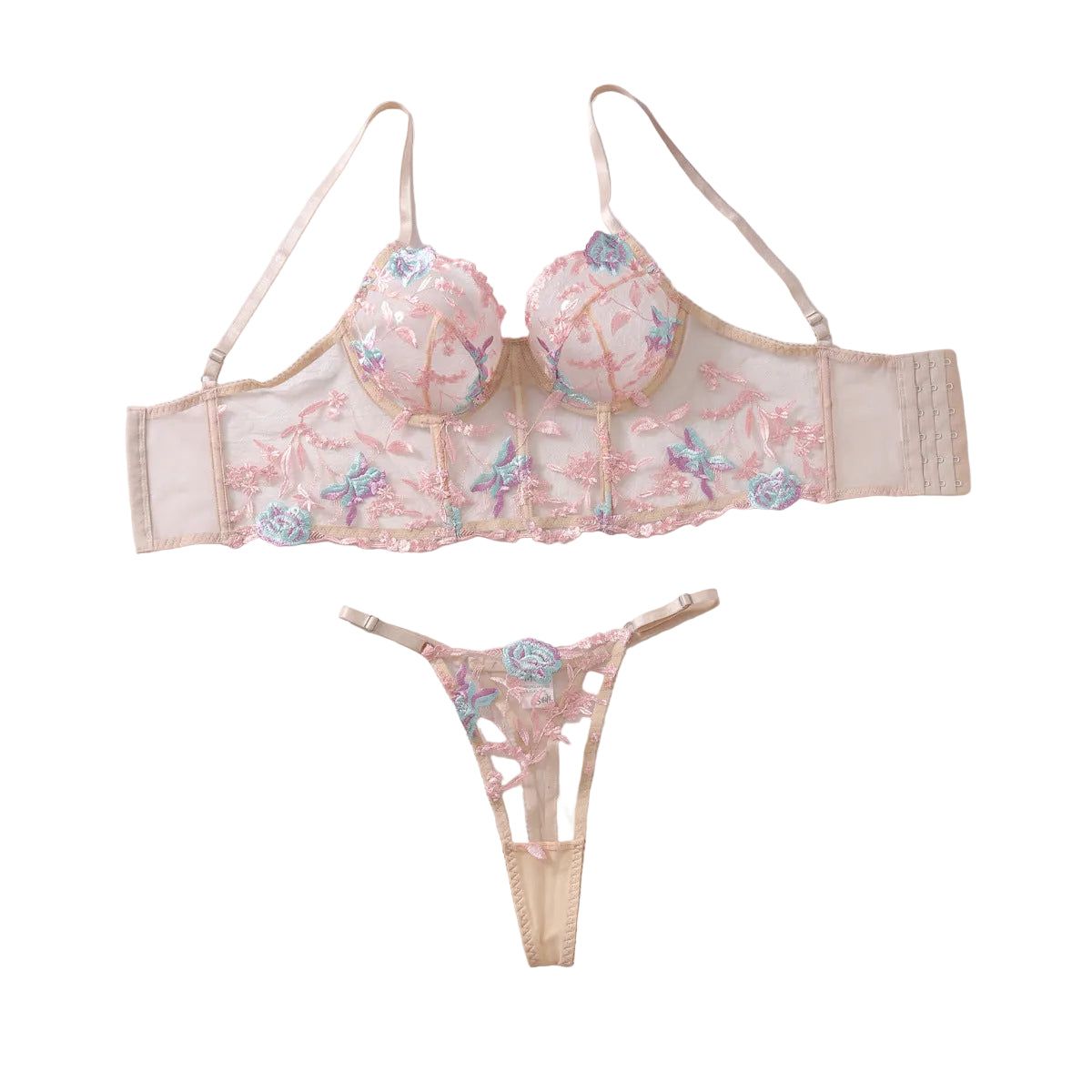 House Of Dasein Colorful Flower Embroidery Sexy Back Perspective Lingerie Bra Two Piece Set - Skin Purple - L