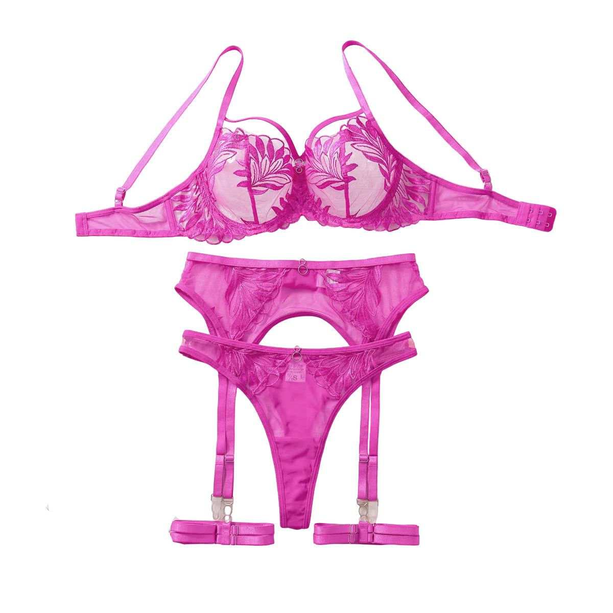 House Of Dasein Embroidered Lace Mesh Transparent Four Piece Lingerie Set Rose Red S Women's Lingerie House of Dasein Main image