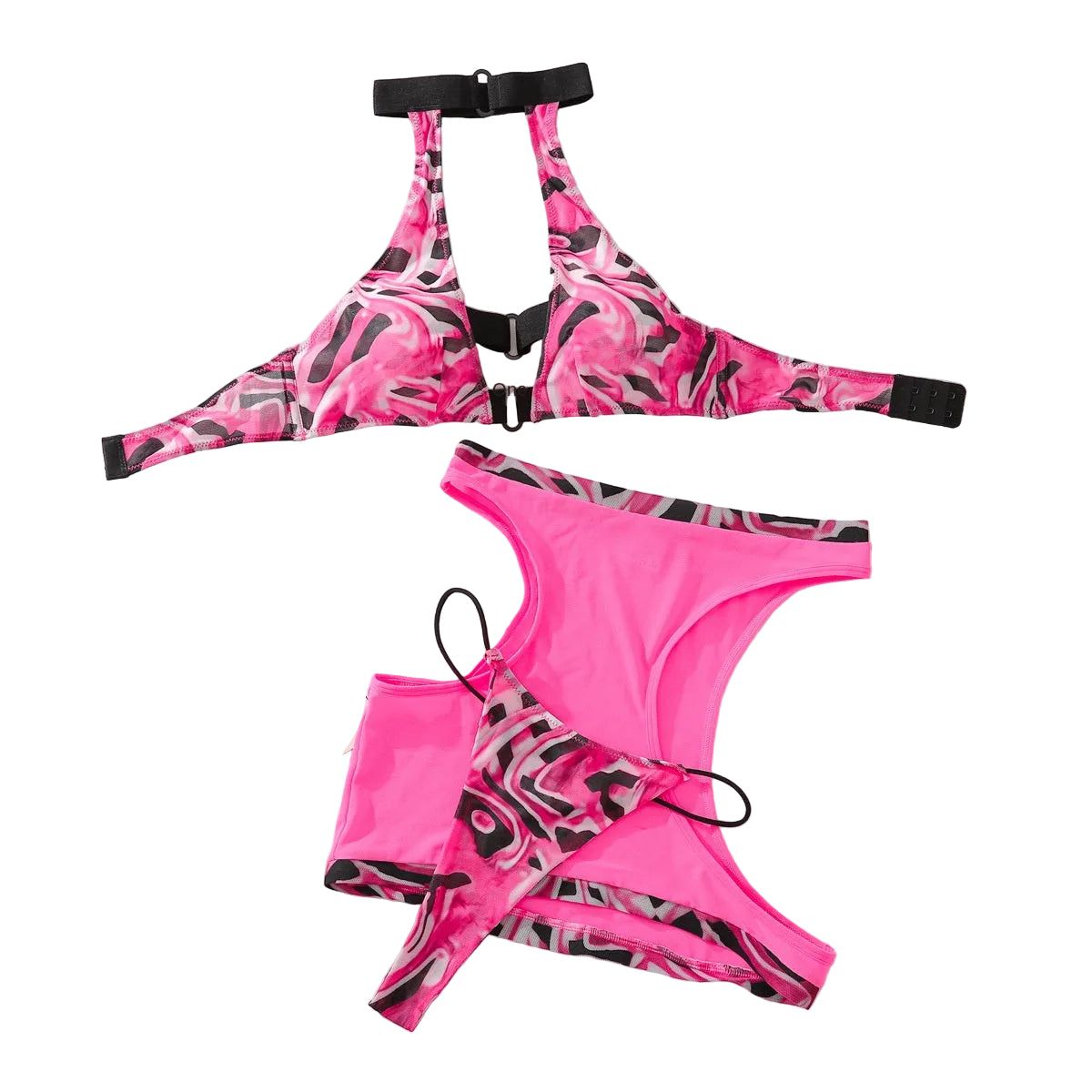 House Of Dasein Color Blocked Hollow Hanging Neck Backless Transparent Three Piece Lingerie Set Black Pink Size L Women's Lingerie House of Dasein Main image
