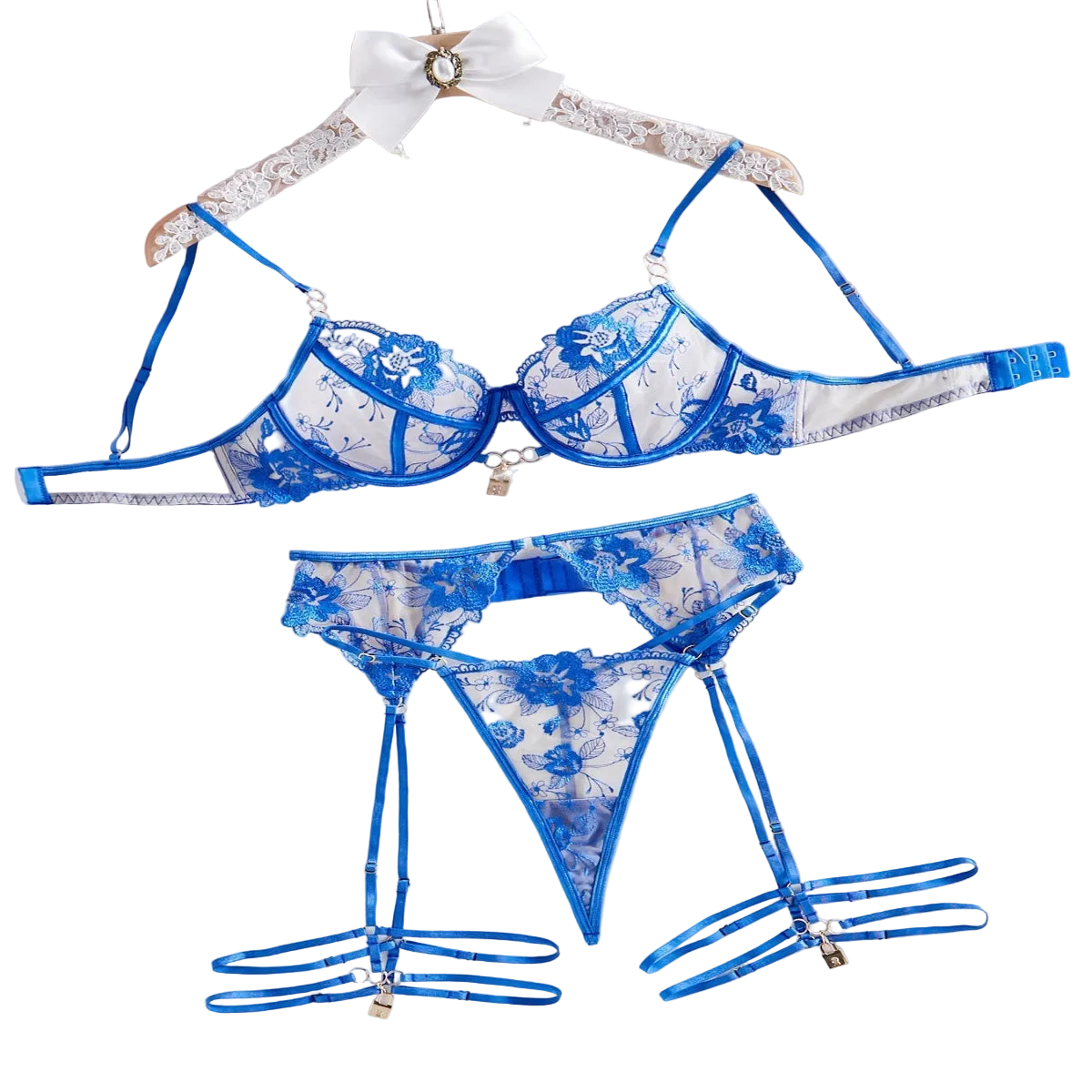 House Of Dasein Perspective Embroidery Sexy Lingerie Garter Belt Leg Ring Three Piece Set With Steel - Blue - L