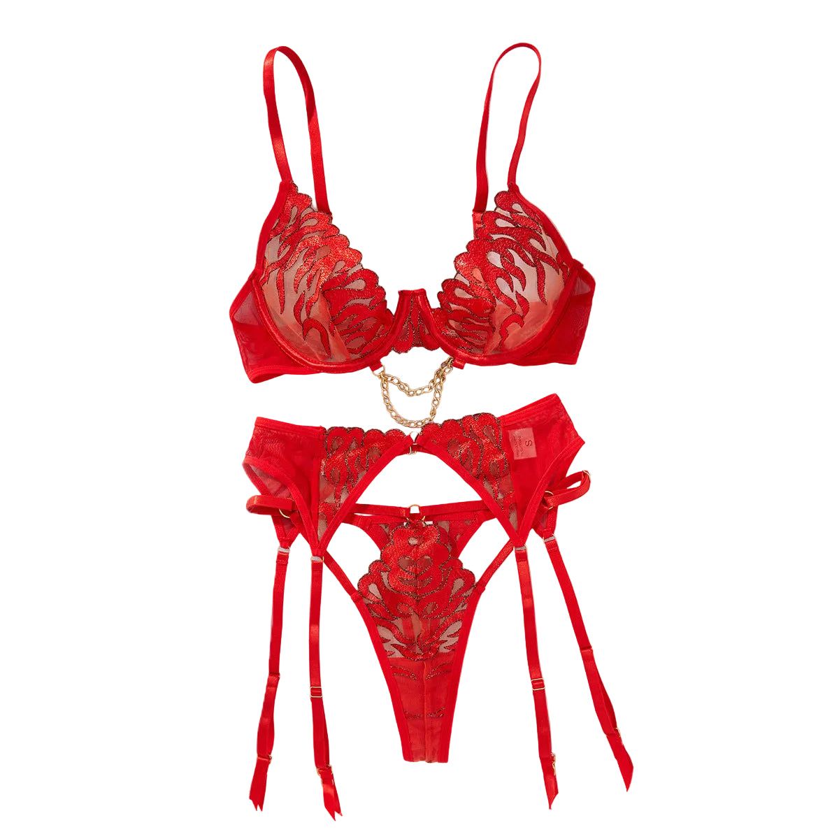 Flame Embroidered 3 Piece Lace Bra Set Red M Women's Lingerie unbranded Main image