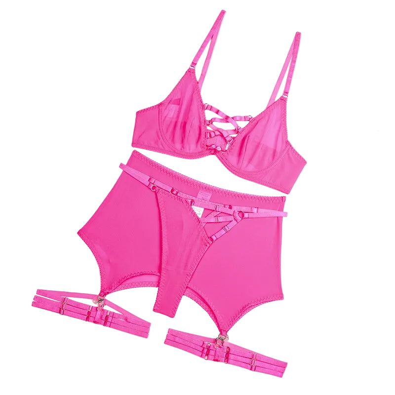 House Of Dasein Cross Hollow Straps Mesh Four Piece Lingerie Set Rose Red Size M Women's Lingerie House of Dasein Main image
