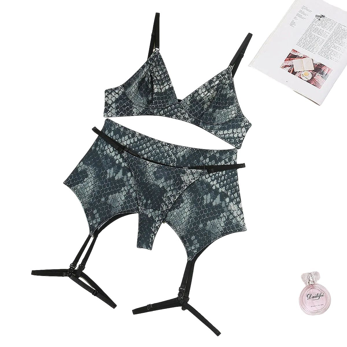 House Of Dasein Snake Print Lingerie Set Black Green S Women's Lingerie House of Dasein Main image