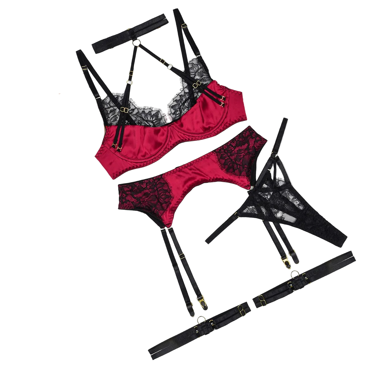 House Of Dasein Embroidered Lace Lingerie Set Black Red L Women's Lingerie House of Dasein Main image