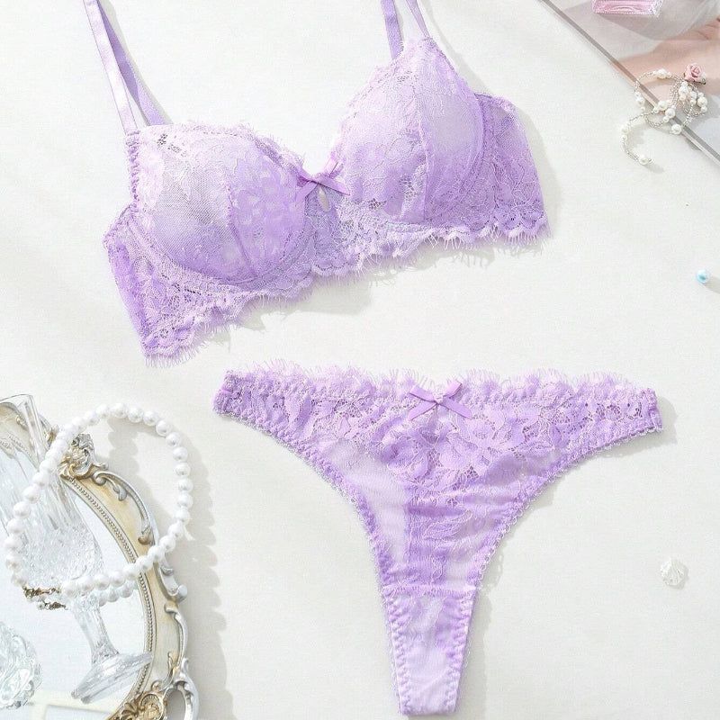 Sexy Lace Purple Bra Set Transparent Ultra-Thin Push-Up Underwear - Purple - M