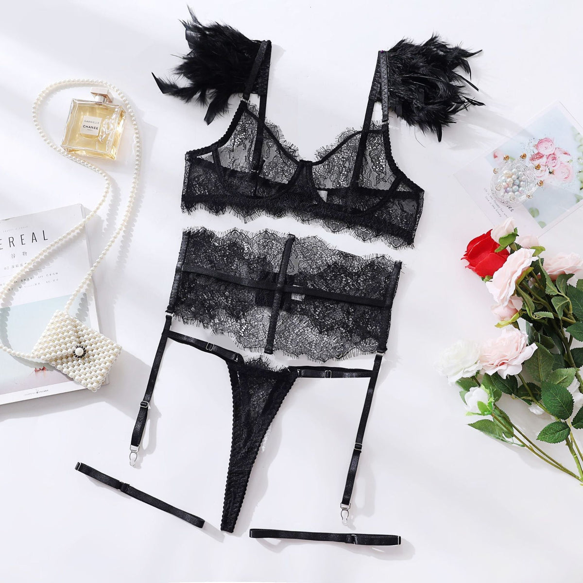 House Of Dasein Feather Lace Four Piece Lingerie Set Black L Women's Lingerie House of Dasein Main image