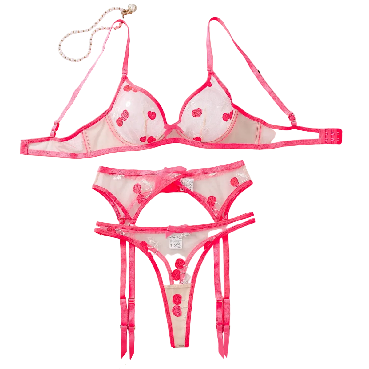 House Of Dasein Embroidered Mesh Three Piece Lingerie Set Pink Beige L Women's Lingerie House of Dasein Main image