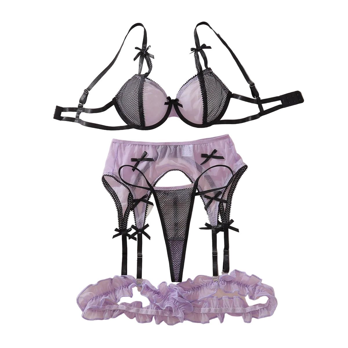 House Of Dasein Color Blocking Mesh Bra Set With Hollowed Out Perspective And Fun Lingerie Underwear 4 Piece - Dark Purple - L
