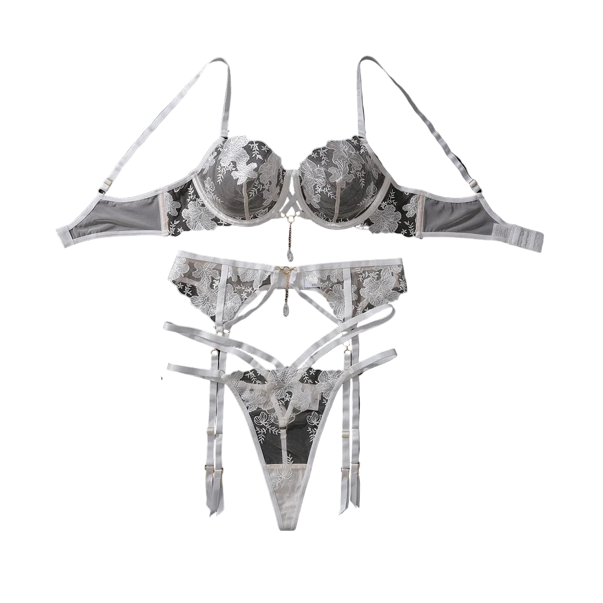 House Of Dasein Embroidered Mesh Gathering Three Piece Lingerie Set White L Women's Lingerie House of Dasein Main image