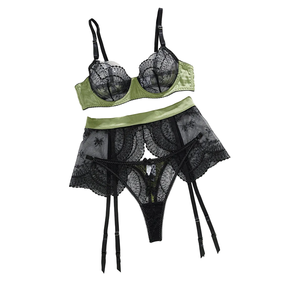 House Of Dasein Color Blocking Mesh Sexy Bra Three Piece Lingerie Set Black Green Size M Women's Lingerie House of Dasein Main image