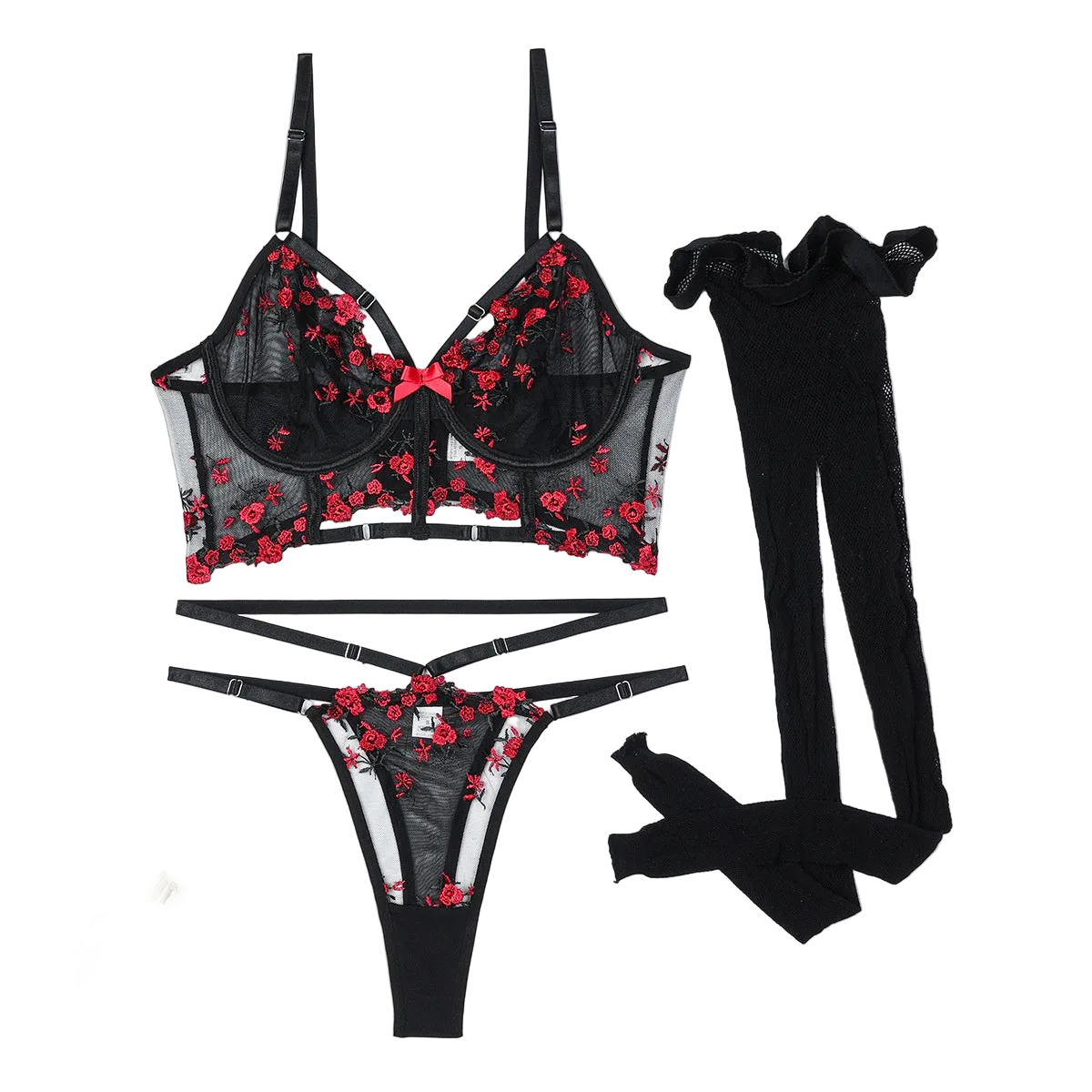 House Of Dasein Delicate Floral Three Piece Silk Stocking Lingerie Set Wine Red S Women's Lingerie House of Dasein Main image