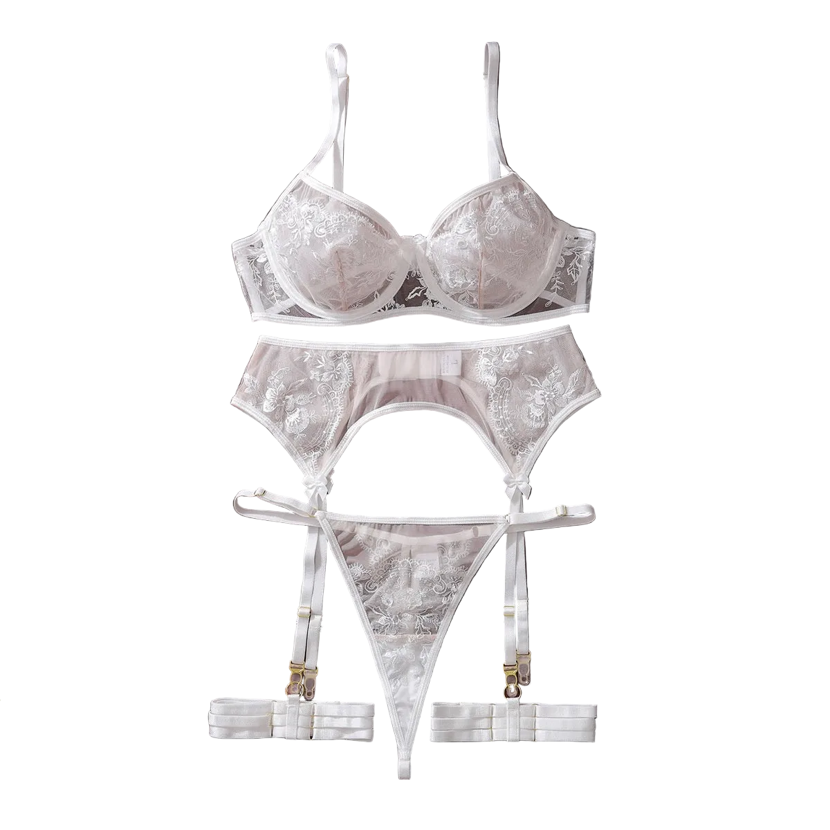 House Of Dasein Embroidered Mesh Bra Lingerie Set White S Women's Lingerie House of Dasein Main image
