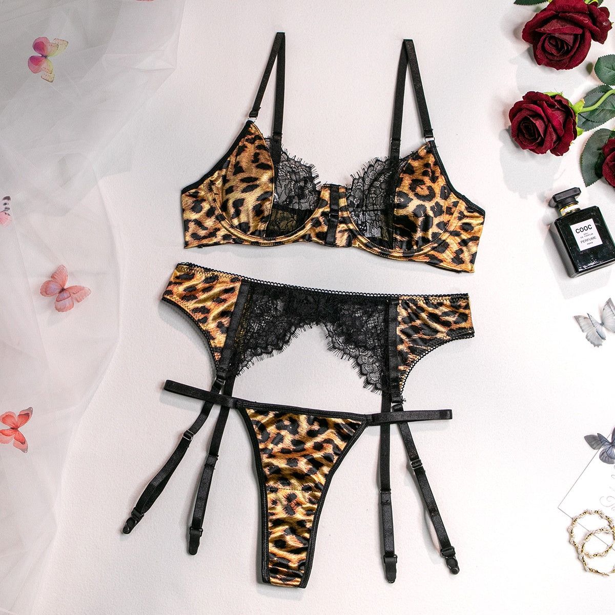 House Of Dasein Internet Celebrity Hot Selling Sexy Wild Leopard Lace Splicing Comfortable Three-Piece Set - Leopard Print - S