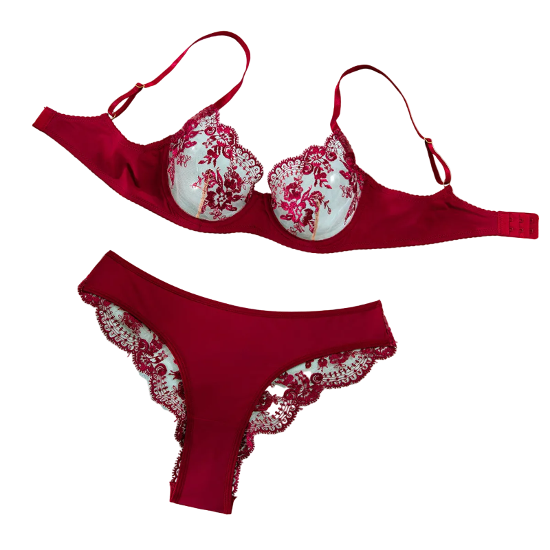 Embroidered Mesh Bra Set Wine Red S Women's Lingerie unbranded Main image