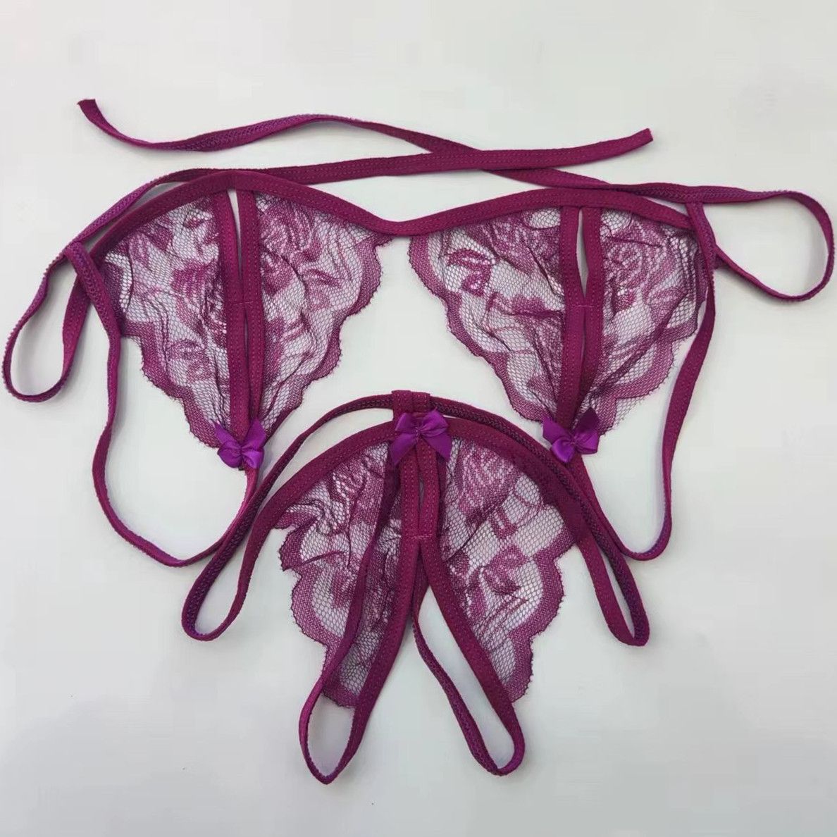 Yunfangyan Lace T Panties Bow Crotch Free Nylon Purple [bra + underwear]] Average size [40.00 kg-60.00 kg] without packaging