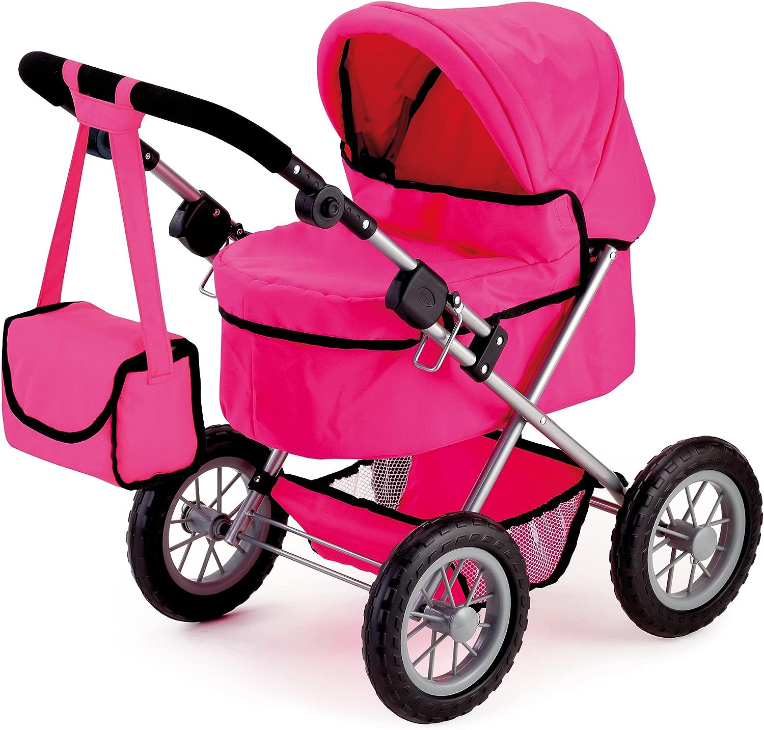 Foldable Dolls Pram with Height-Adjustable Handle and Shoulder Bag, Stable, Pink Main image