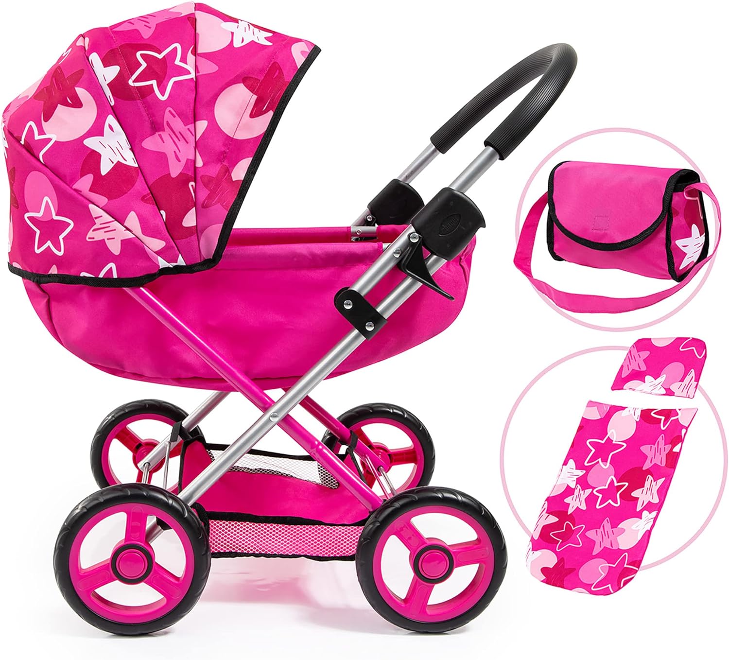 Baby Doll Stroller Pram for Toddlers, Foldable with Bag and Blanket, Modern Pink with Stars Main image