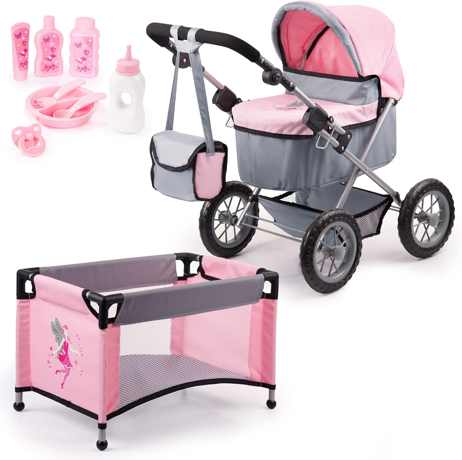 Trendy Dolls Pram & Travel Bed Set - Fairy, Pink, Grey Main image