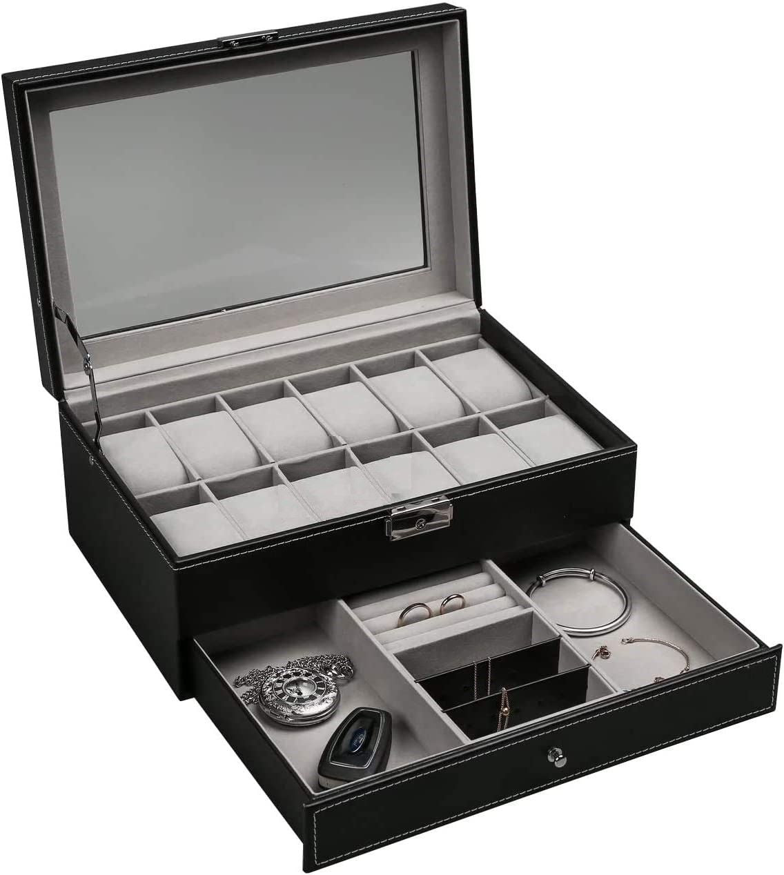 12 Slot PU Leather Lockable Watch and Jewelry Storage Boxes (Black) Main image