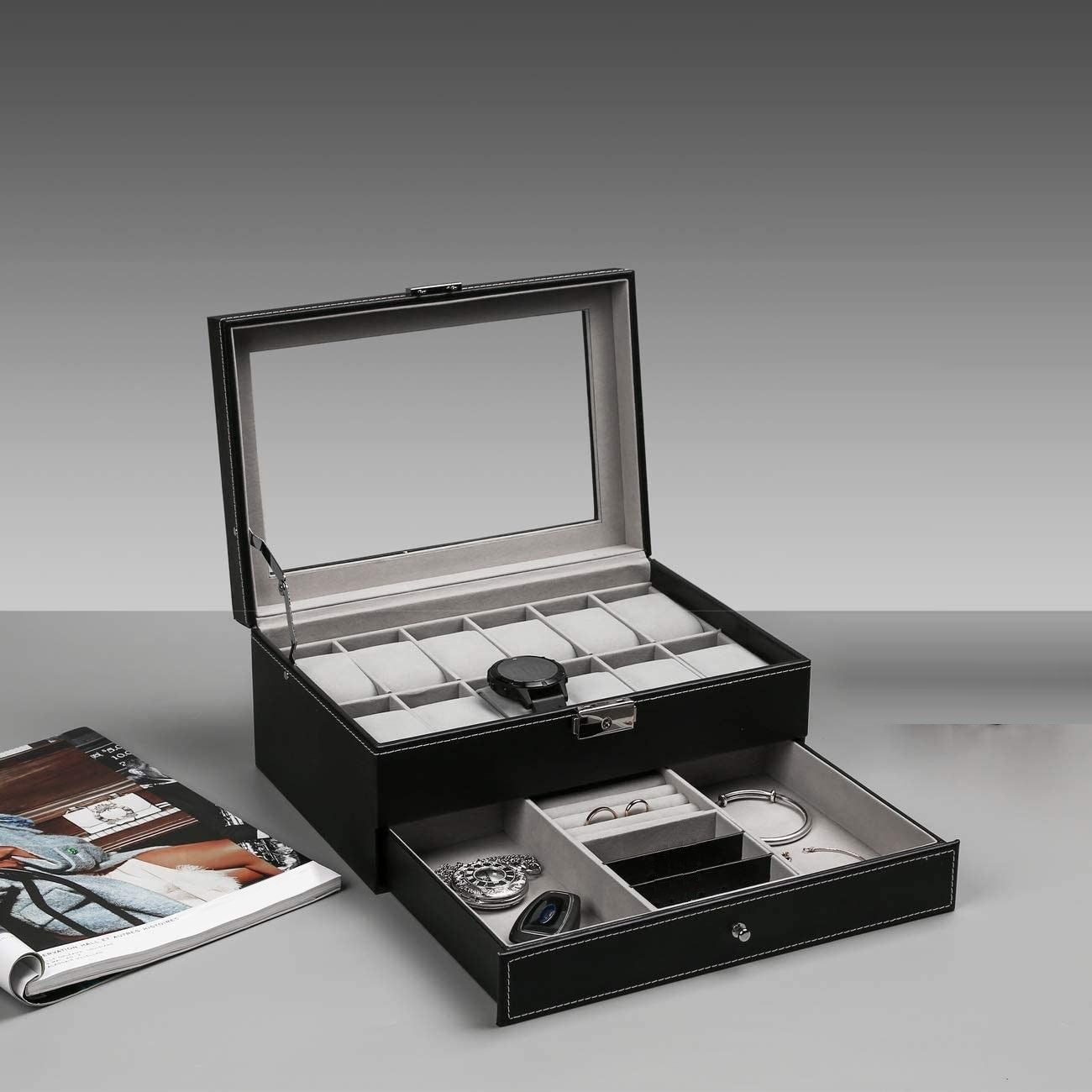 12 Slot PU Leather Lockable Watch and Jewelry Storage Boxes (Black) Secondary image