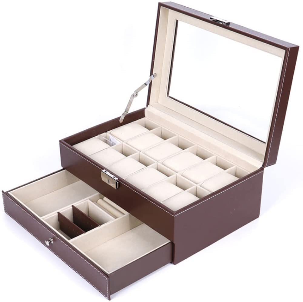 12 Slot PU Leather Lockable Watch and Jewelry Storage Boxes (Brown) Main image