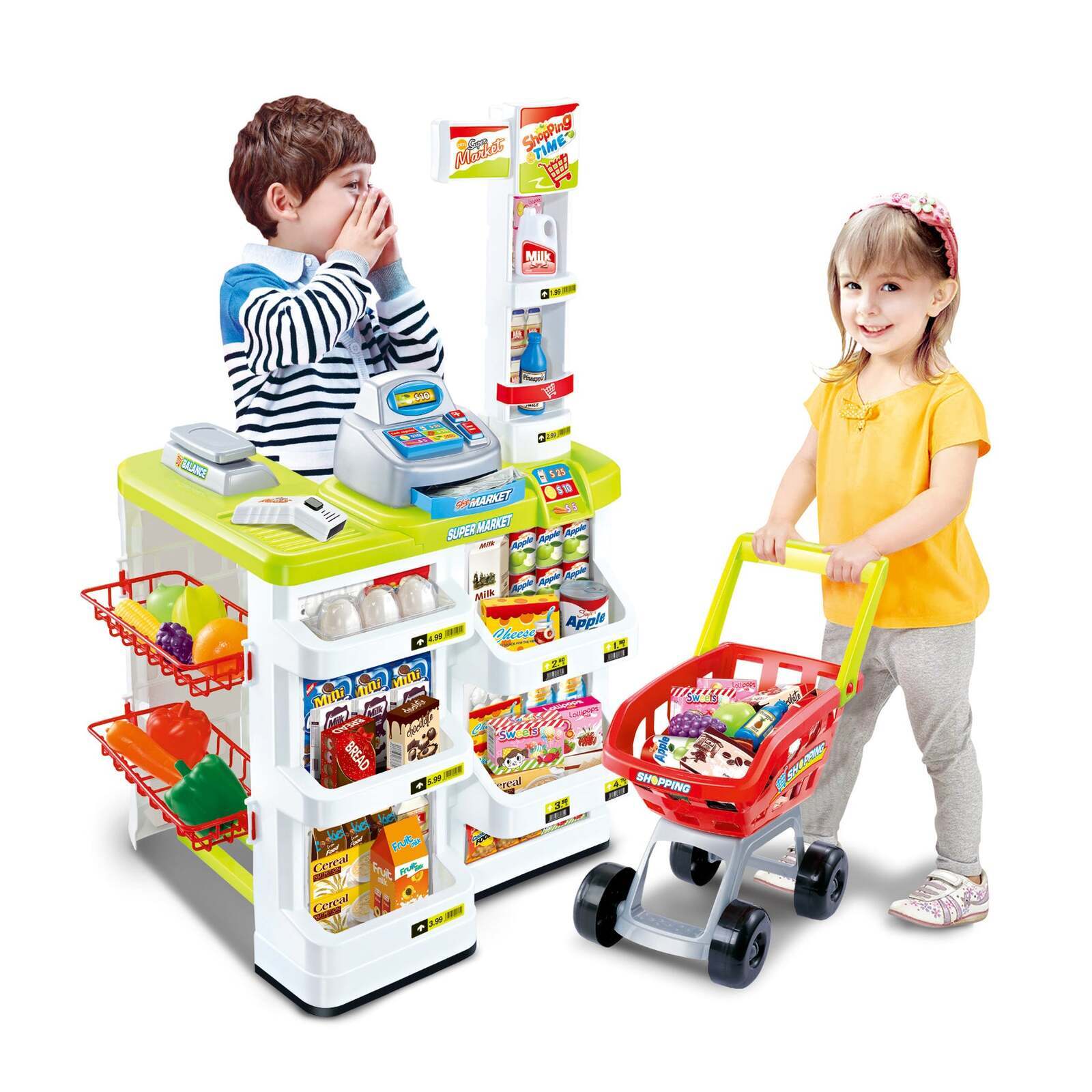 Children's Home Supermarket w/ Toy Cash Register, Trolly, Fruit & More Main image