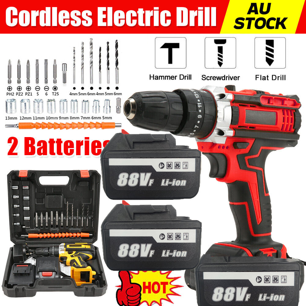 Cordless Drill w/2 Battery Heavy Duty Impact Driver Kit Brushless Hammer Set 88V Main image
