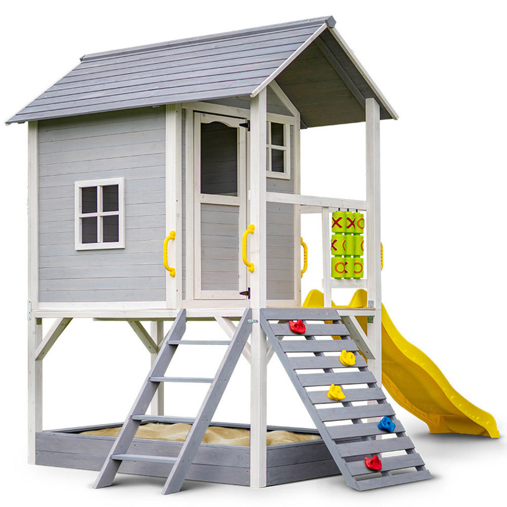 ROVO KIDS Wooden Tower Cubby House with Slide, Sandpit, Climbing Wall, Noughts & Crosses Main image