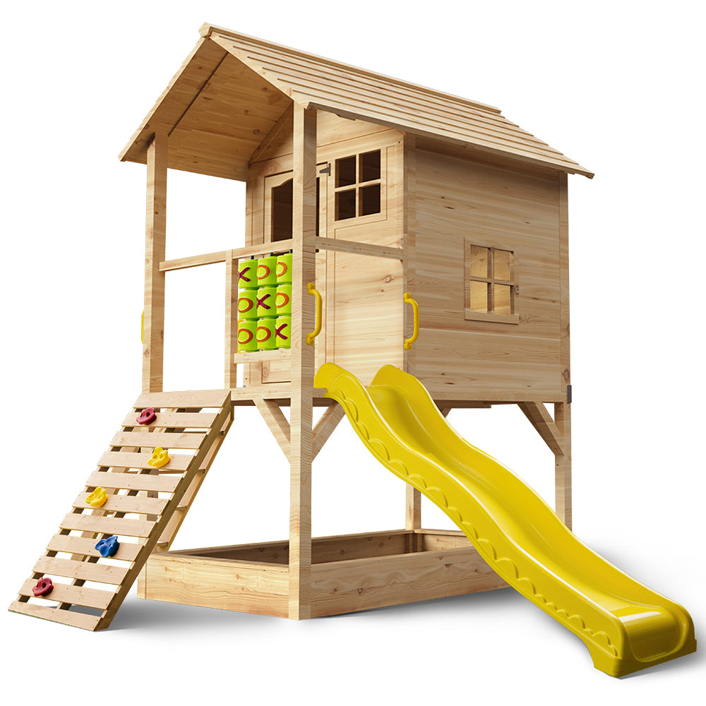 ROVO KIDS Wooden Tower Cubby House with Slide, Sandpit, Climbing Wall, Noughts & Crosses, Natural Colour Main image